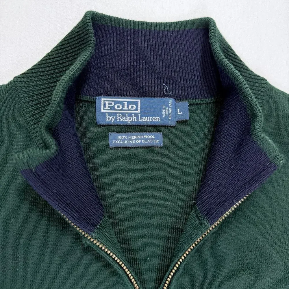 Polo Ralph Lauren Mens Large 100% Merino Wool 2 Way Full Zip Sweater Dark Green